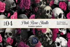 Pink Rose Skull Pattern, Gothic Floral Skull Digital Paper Product Image 1