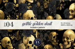 Golden Skull Seamless Pattern, Gothic Black Floral Skulls Product Image 1