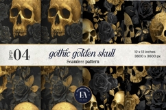 Golden Skull Seamless Pattern, Gothic Black Floral Skulls Product Image 1