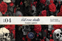 Red Rose Skull Pattern, Gothic Floral Skull Digital Paper Product Image 1
