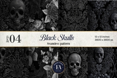 Black Skull Seamless Pattern, Gothic Black Floral Skulls Product Image 1