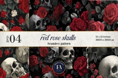 Red Rose Skull Pattern, Gothic Floral Skull Digital Paper Product Image 1