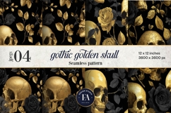Golden Skull Seamless Pattern, Gothic Black Floral Skulls Product Image 1