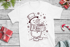 Christmas Snowman With Gift SVG | Top Hat Present Line Art Product Image 2