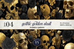 Golden Skull Seamless Pattern, Gothic Black Floral Skulls Product Image 1