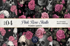 Pink Rose Skull Pattern, Gothic Floral Skull Digital Paper Product Image 1
