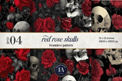 Red Rose Skull Pattern, Gothic Floral Skull Digital Paper Product Image 1
