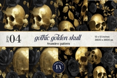 Golden Skull Seamless Pattern, Gothic Black Floral Skulls Product Image 1