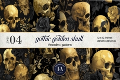 Golden Skull Seamless Pattern, Gothic Black Floral Skulls Product Image 1