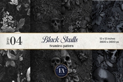 Black Skull Seamless Pattern, Gothic Black Floral Skulls Product Image 1