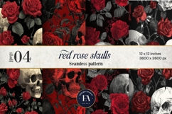 Red Rose Skull Pattern, Gothic Floral Skull Digital Paper Product Image 1