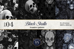 Black Skull Seamless Pattern, Gothic Black Floral Skulls Product Image 1