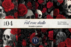 Red Rose Skull Pattern, Gothic Floral Skull Digital Paper Product Image 1