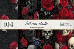 Red Rose Skull Pattern, Gothic Floral Skull Digital Paper Product Image 1