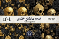 Golden Skull Seamless Pattern, Gothic Black Floral Skulls Product Image 1