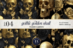 Golden Skull Seamless Pattern, Gothic Black Floral Skulls Product Image 1
