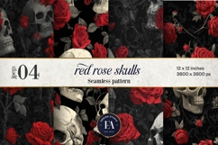 Red Rose Skull Pattern, Gothic Floral Skull Digital Paper Product Image 1