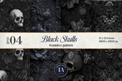 Black Skull Seamless Pattern, Gothic Black Floral Skulls Product Image 1