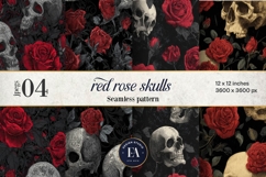 Red Rose Skull Pattern, Gothic Floral Skull Digital Paper Product Image 1