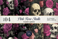 Pink Rose Skull Pattern, Gothic Floral Skull Digital Paper Product Image 1