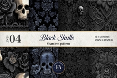 Black Skull Seamless Pattern, Gothic Black Floral Skulls Product Image 1