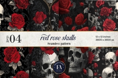 Red Rose Skull Pattern, Gothic Floral Skull Digital Paper Product Image 1