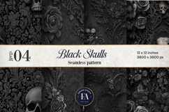 Black Skull Seamless Pattern, Gothic Black Floral Skulls Product Image 1