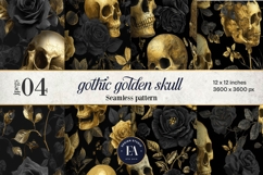 Golden Skull Seamless Pattern, Gothic Black Floral Skulls Product Image 1