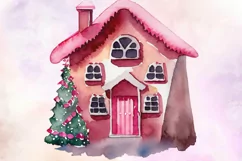 Pink Christmas House Watercolor Clipart PNG Product Image 3