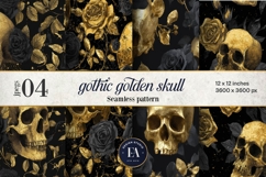 Golden Skull Seamless Pattern, Gothic Black Floral Skulls Product Image 1
