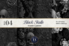 Black Skull Seamless Pattern, Gothic Black Floral Skulls Product Image 1