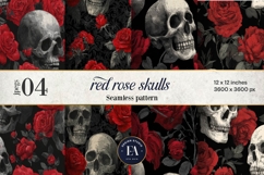 Red Rose Skull Pattern, Gothic Floral Skull Digital Paper Product Image 1