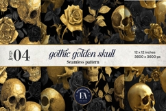 Golden Skull Seamless Pattern, Gothic Black Floral Skulls Product Image 1