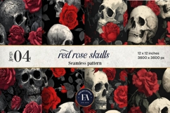 Red Rose Skull Pattern, Gothic Floral Skull Digital Paper Product Image 1