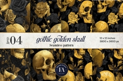 Golden Skull Seamless Pattern, Gothic Black Floral Skulls Product Image 1