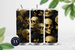Golden Skull Seamless Pattern, Gothic Black Floral Skulls Product Image 2