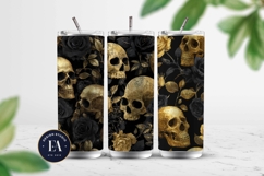 Golden Skull Seamless Pattern, Gothic Black Floral Skulls Product Image 2