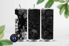 Black Skull Seamless Pattern, Gothic Black Floral Skulls Product Image 2