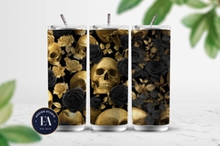 Golden Skull Seamless Pattern, Gothic Black Floral Skulls Product Image 2