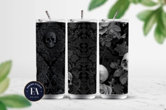 Black Skull Seamless Pattern, Gothic Black Floral Skulls Product Image 2