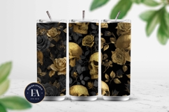 Golden Skull Seamless Pattern, Gothic Black Floral Skulls Product Image 2