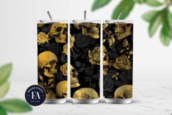 Golden Skull Seamless Pattern, Gothic Black Floral Skulls Product Image 2