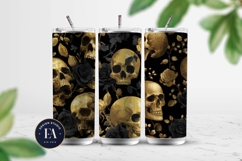 Golden Skull Seamless Pattern, Gothic Black Floral Skulls Product Image 2