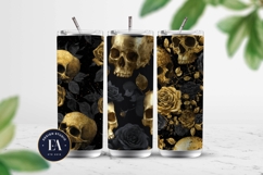 Golden Skull Seamless Pattern, Gothic Black Floral Skulls Product Image 2