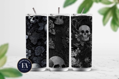 Black Skull Seamless Pattern, Gothic Black Floral Skulls Product Image 2