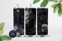 Black Skull Seamless Pattern, Gothic Black Floral Skulls Product Image 2