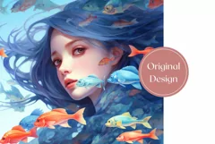 Blue Hair Mermaid Sublimation Design, Kawaii Mermaid Wrap Product Image 2