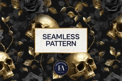 Golden Skull Seamless Pattern, Gothic Black Floral Skulls Product Image 3