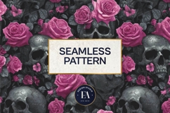 Pink Rose Skull Pattern, Gothic Floral Skull Digital Paper Product Image 3