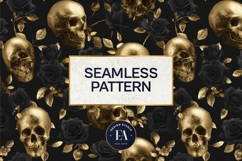 Golden Skull Seamless Pattern, Gothic Black Floral Skulls Product Image 3